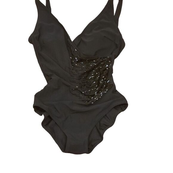 Gottex Black Beaded V-Neck Cross Over Surplice One Piece Swimsuit NOS $188 - Picture 1 of 15